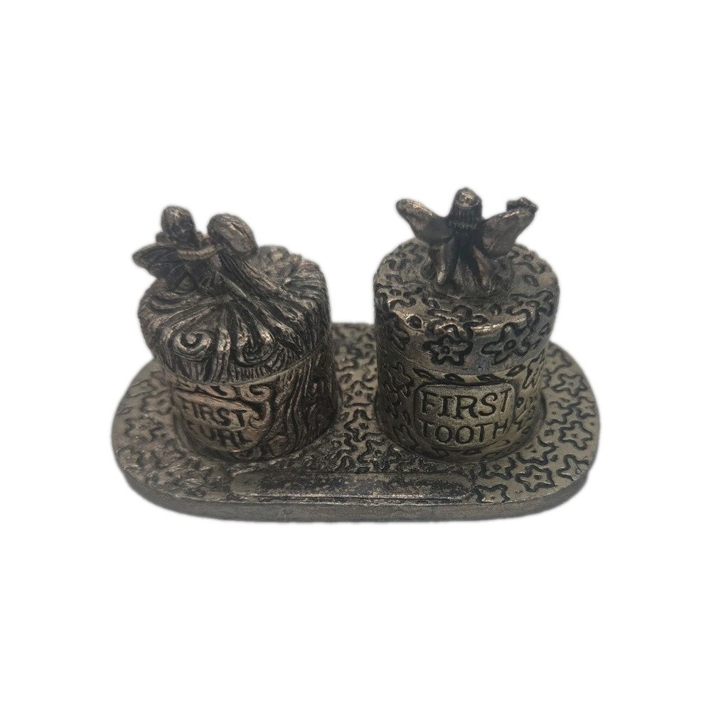 First Tooth & First Curl VINTAGE BabyKeepsake Boxes Set Pewter Fairy Theme